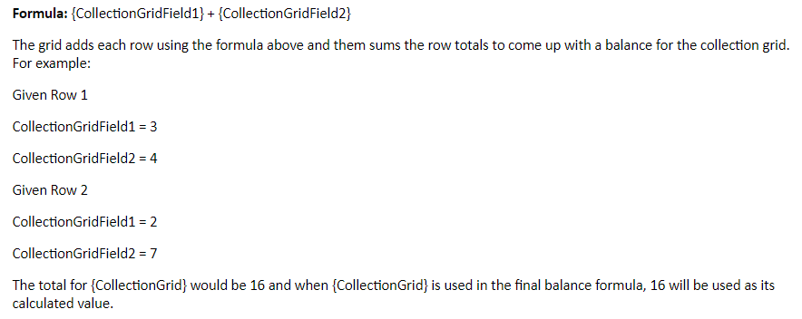 Example formula and explanation for the balance calculator on a collection grid.