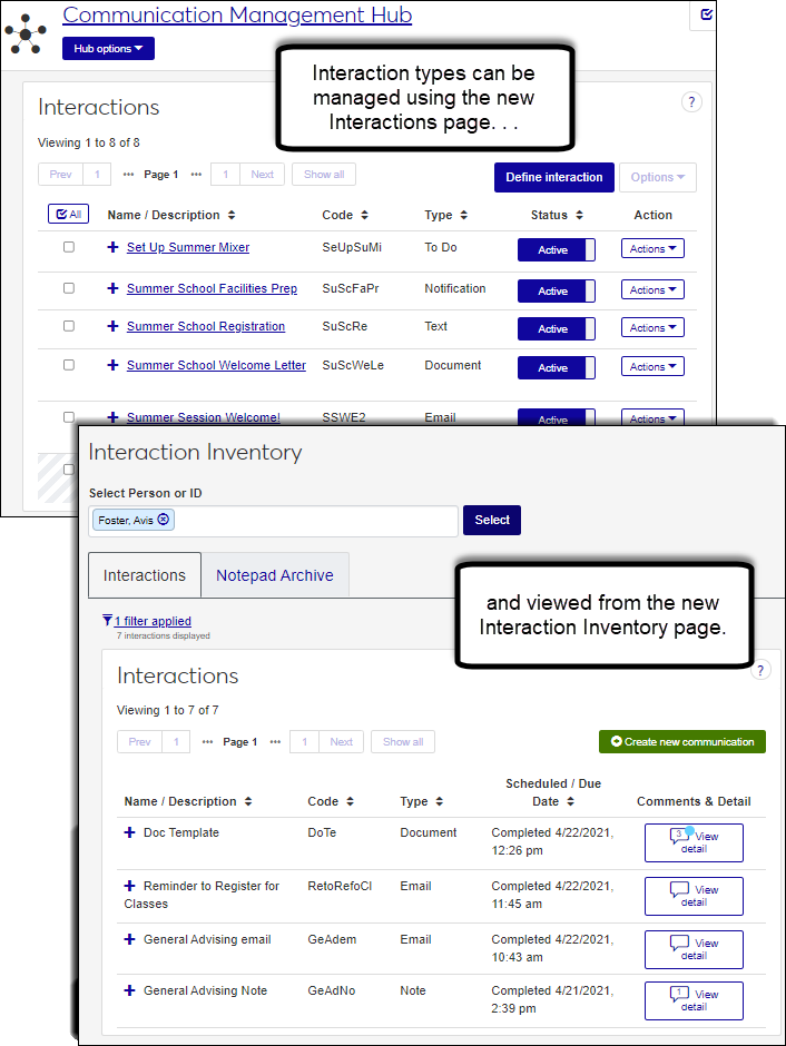 Image shows the Interactions and Interaction Inventory pages.