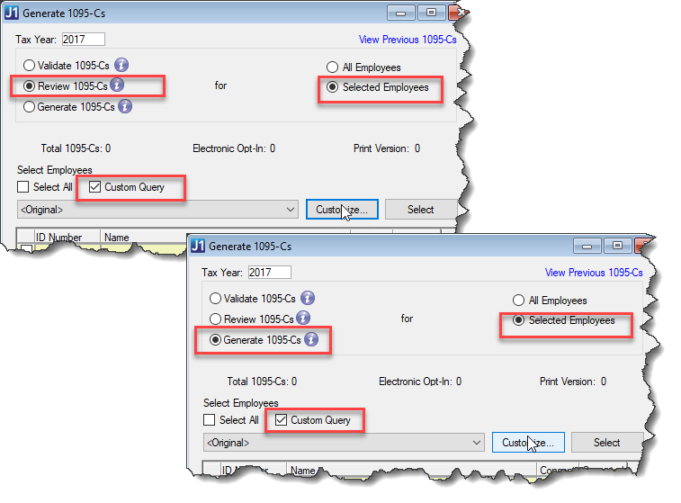 Generate 1095-Cs window with employee query options selected.