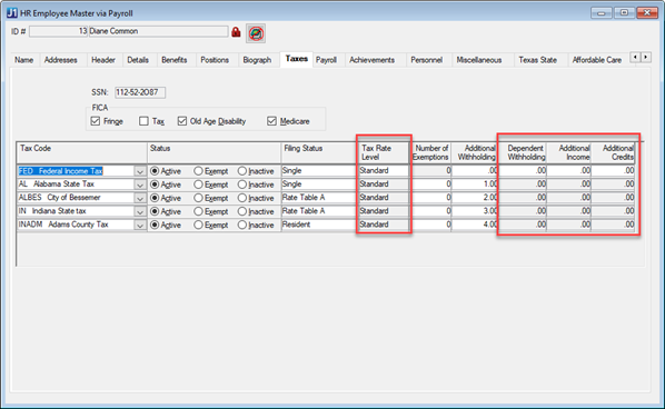 HR Employee Master via Payroll window with columns highlighted.