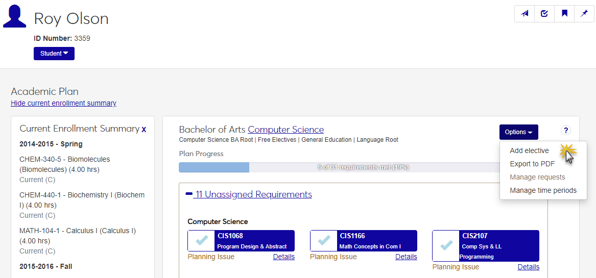 Student Academic Plan page, Add elective drop-down option.